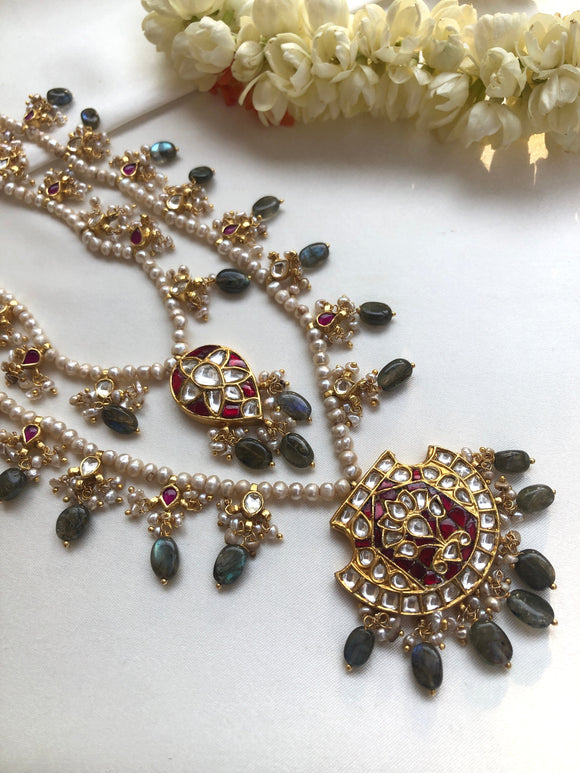 2 line satlada style necklace with kundan enamel & grey onyx beads-Silver Neckpiece-PL-House of Taamara
