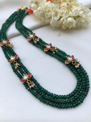 3 line Green beads with kundan lotus and pearl drops-Silver Neckpiece-PL-House of Taamara