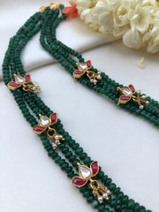 3 line Green beads with kundan lotus and pearl drops-Silver Neckpiece-PL-House of Taamara
