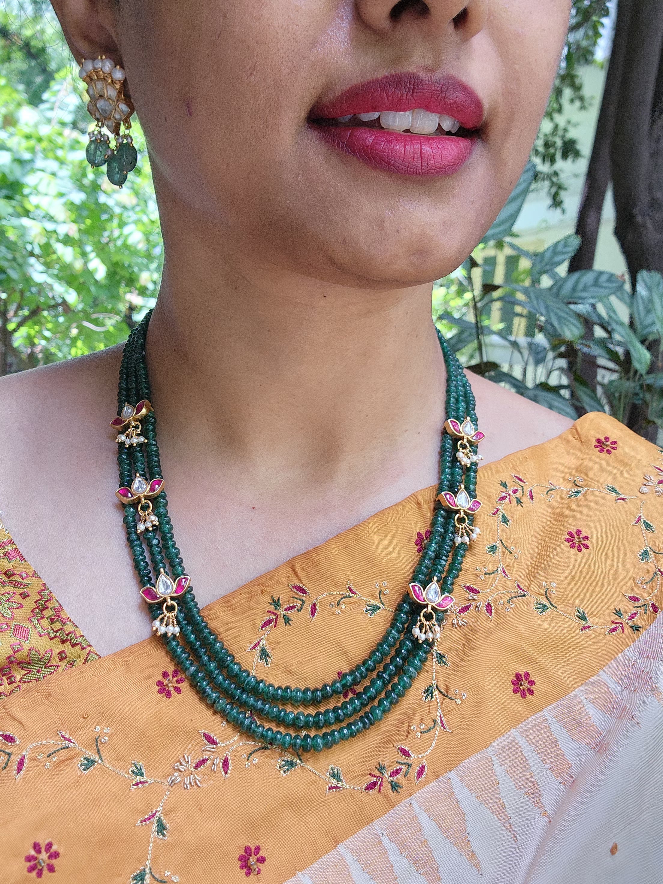 3 line Green beads with kundan lotus and pearl drops-Silver Neckpiece-PL-House of Taamara