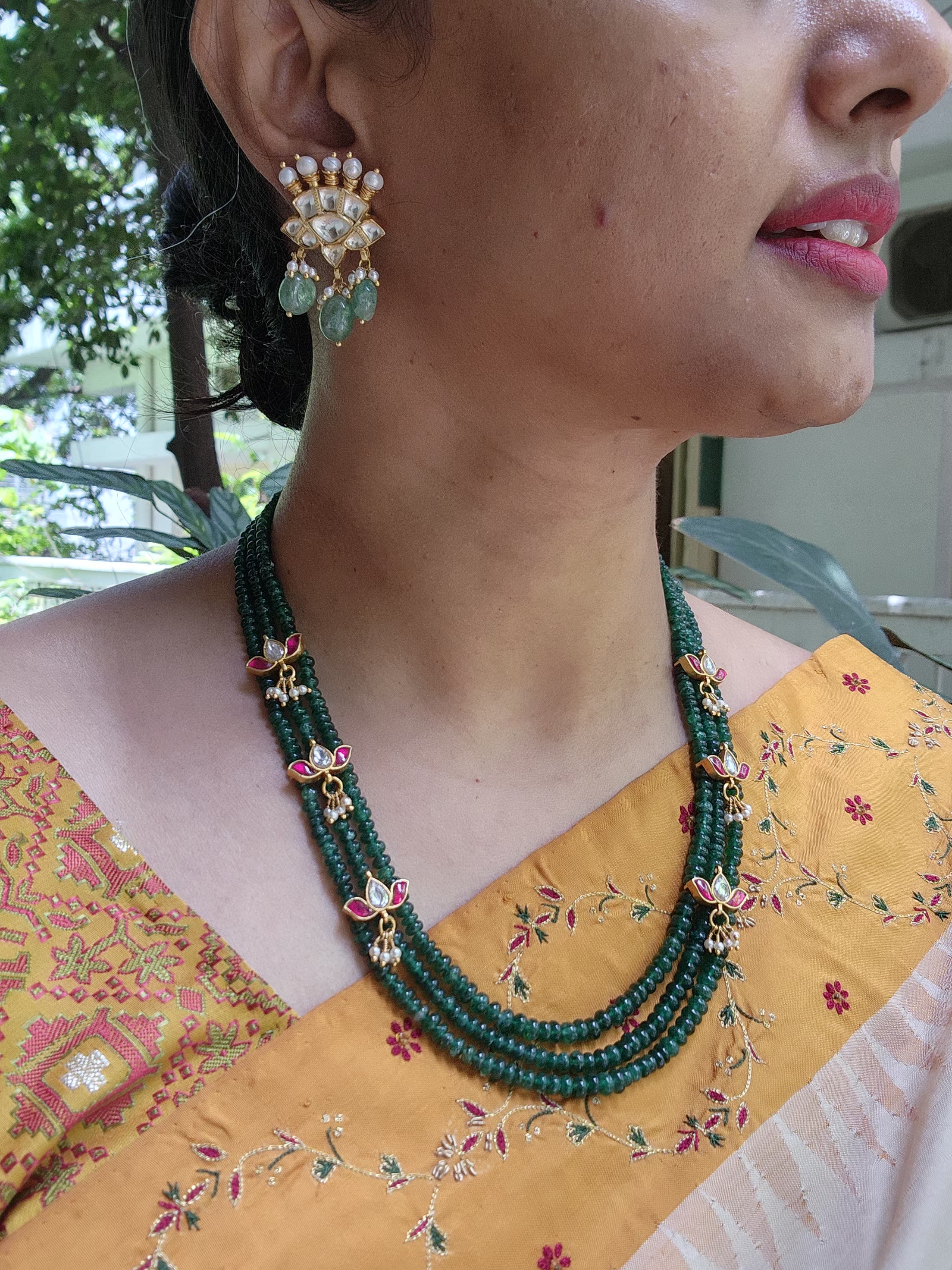 3 line Green beads with kundan lotus and pearl drops-Silver Neckpiece-PL-House of Taamara