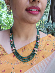3 line Green beads with kundan lotus and pearl drops-Silver Neckpiece-PL-House of Taamara