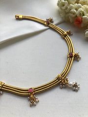 3 line gold polish necklace with ruby spinel and pearls bunch-Silver Neckpiece-pl-House of Taamara