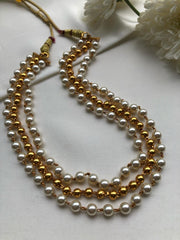 3 line necklace with pearls & gold polish gundu beads-Silver Neckpiece-PL-House of Taamara