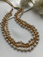3 line necklace with pearls & gold polish gundu beads-Silver Neckpiece-PL-House of Taamara