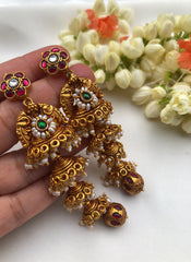 4 layered jhumkas with antique kundan bead drop-Earrings-PL-House of Taamara