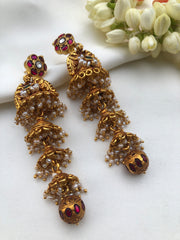 4 layered jhumkas with antique kundan bead drop-Earrings-PL-House of Taamara