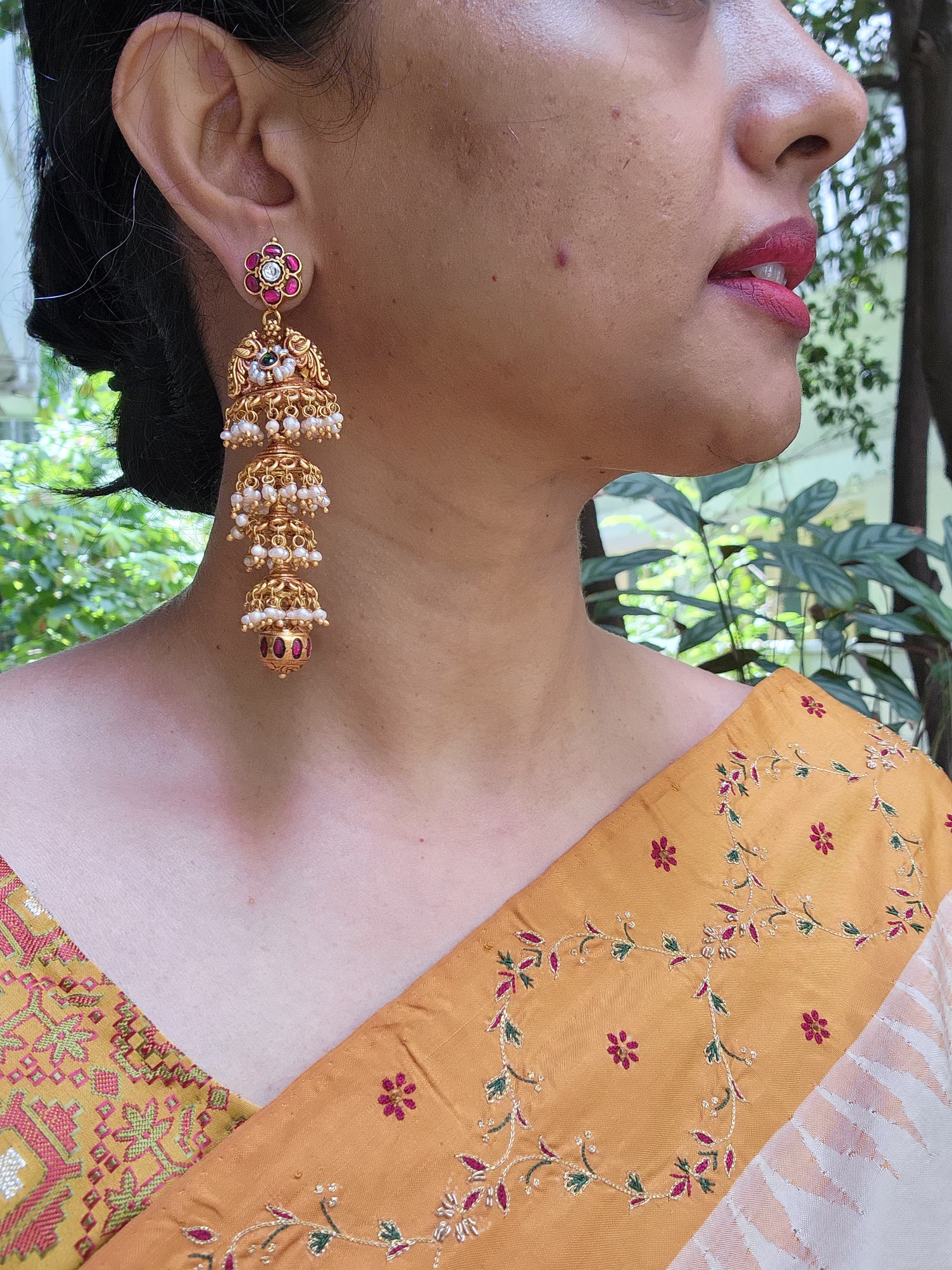 4 layered jhumkas with antique kundan bead drop-Earrings-PL-House of Taamara