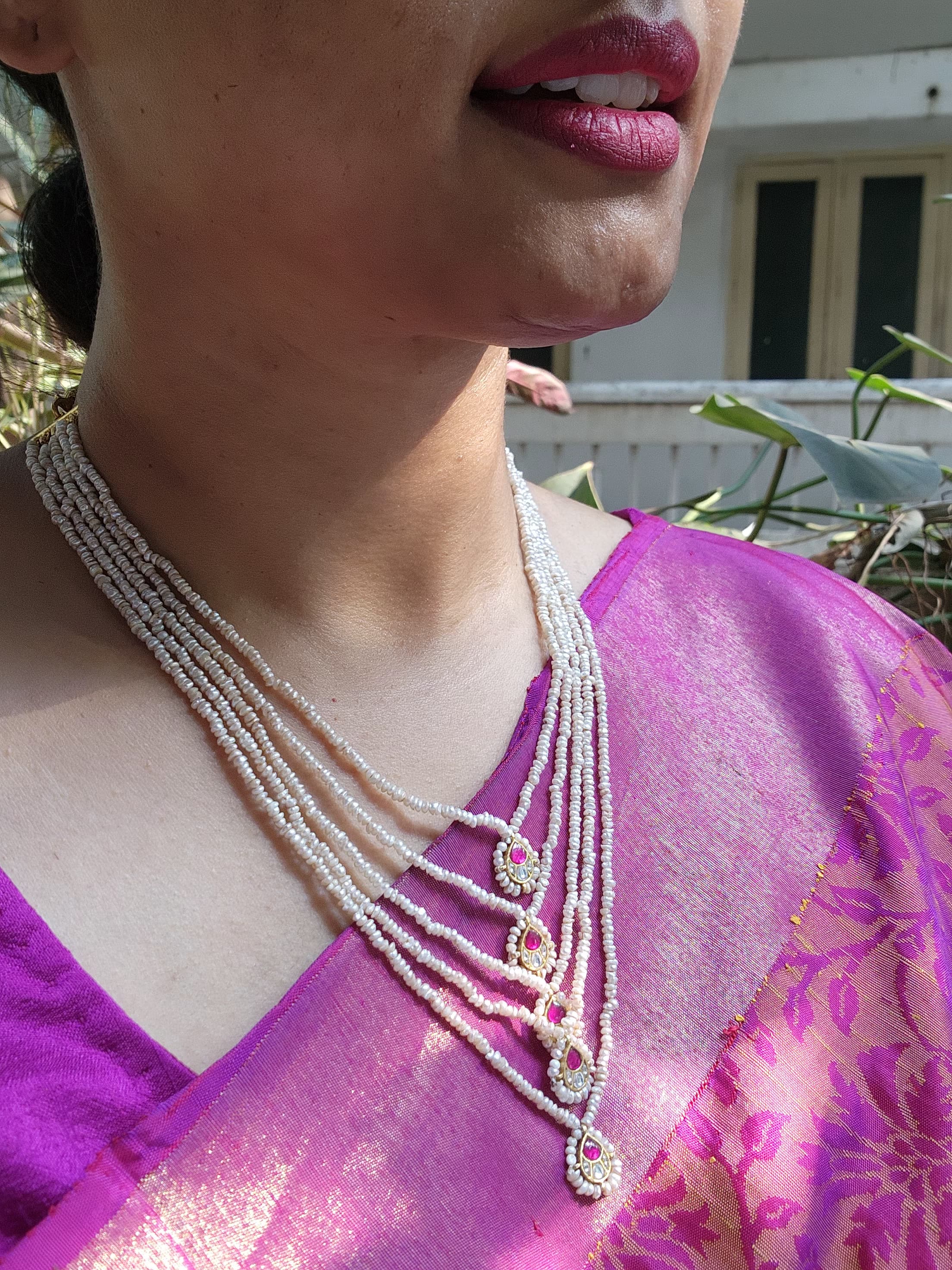 5 line antique style pearls with kundans-Silver Neckpiece-PL-House of Taamara