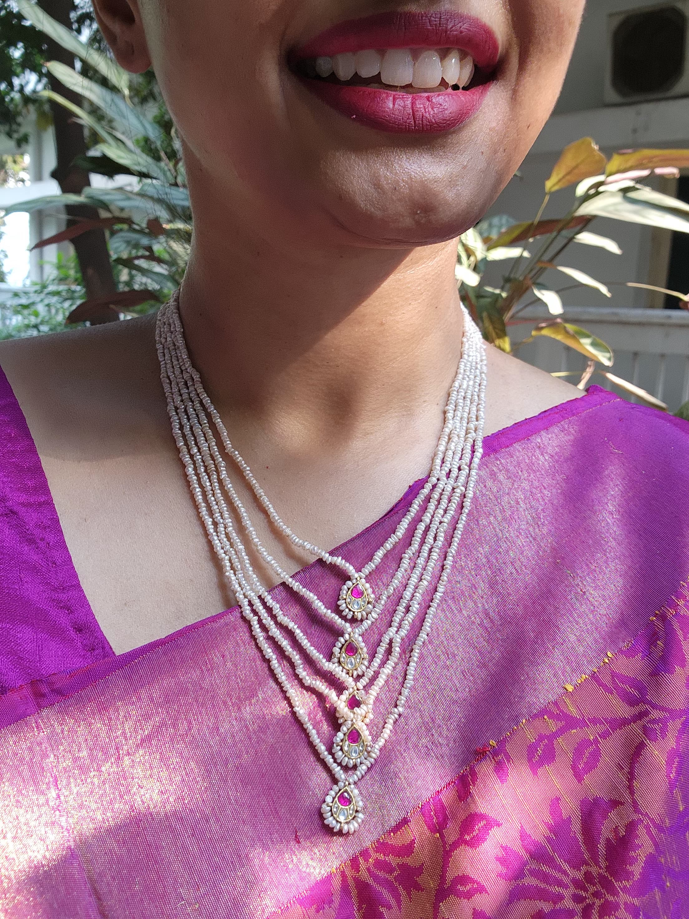 5 line antique style pearls with kundans-Silver Neckpiece-PL-House of Taamara