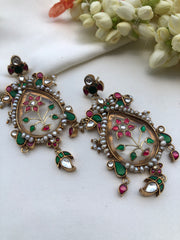 Agate & kundan intricate work earrings with pearls bunch-Earrings-PL-House of Taamara
