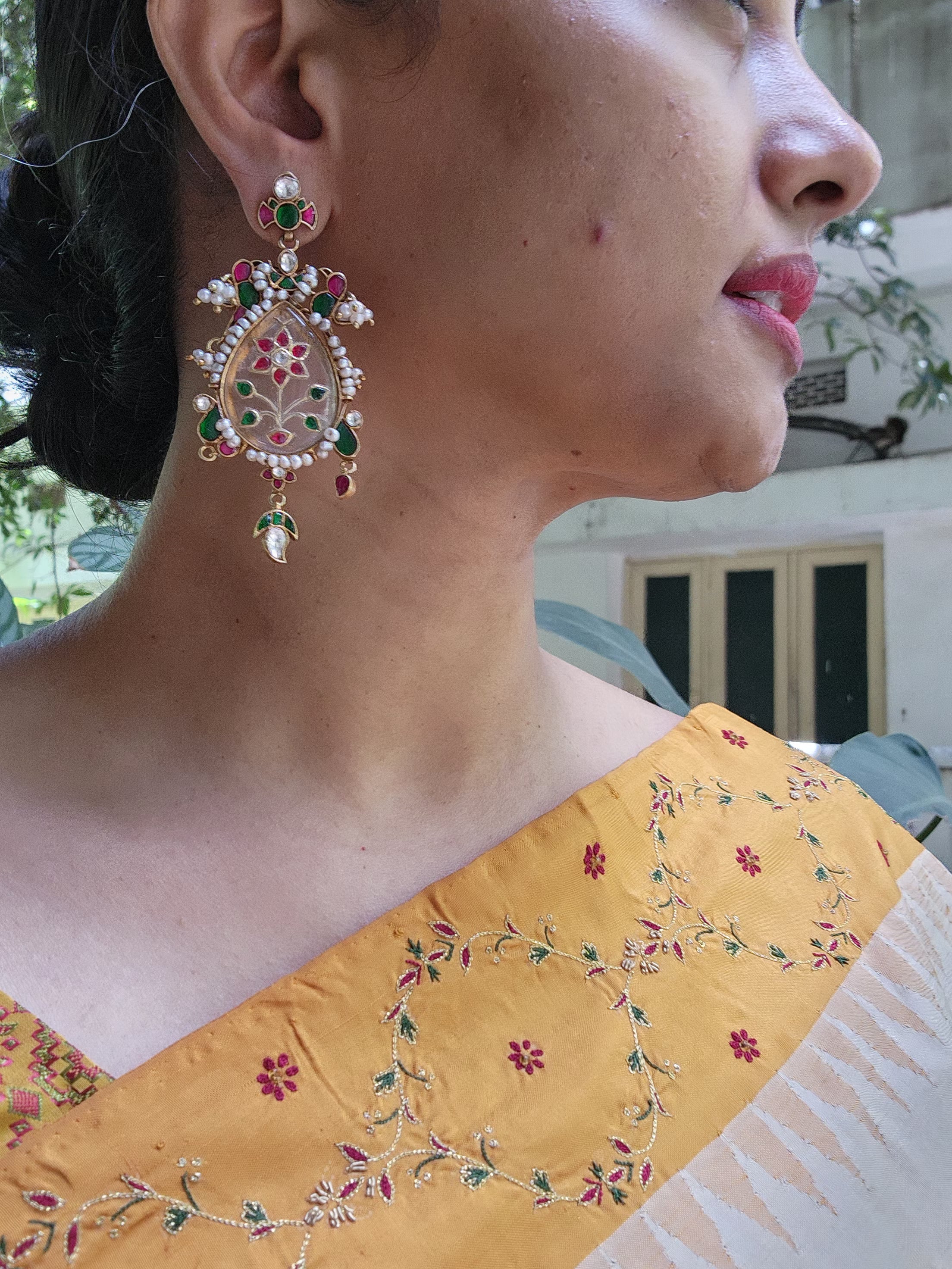Agate & kundan intricate work earrings with pearls bunch-Earrings-PL-House of Taamara