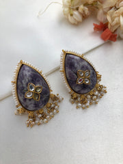 Amethyst carved stone with kundan inlay work & pearls bunch-Earrings-PL-House of Taamara