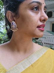 Amethyst carved stone with kundan inlay work & pearls bunch-Earrings-PL-House of Taamara