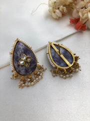 Amethyst carved stone with kundan inlay work & pearls bunch-Earrings-PL-House of Taamara