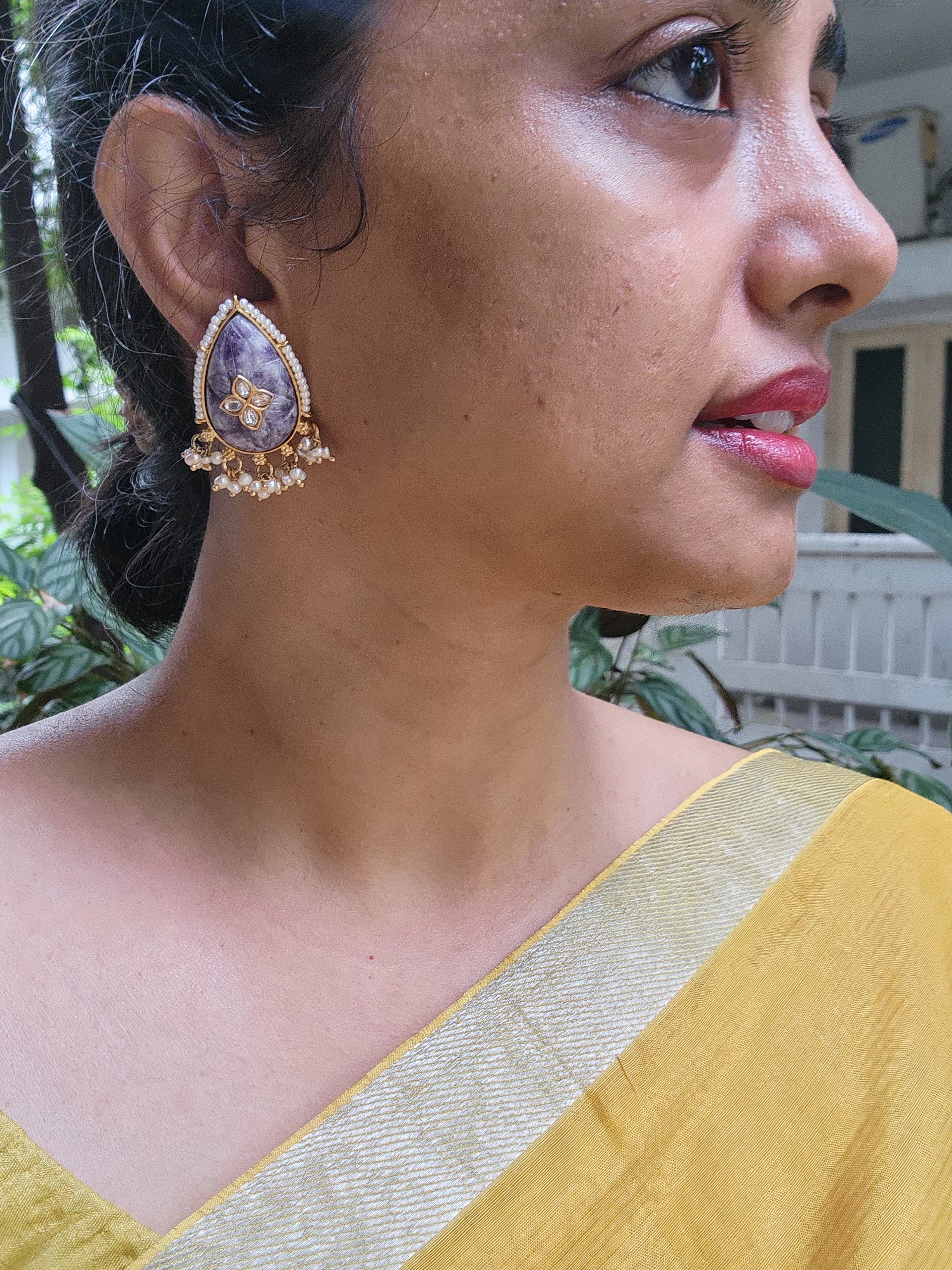 Amethyst carved stone with kundan inlay work & pearls bunch-Earrings-PL-House of Taamara