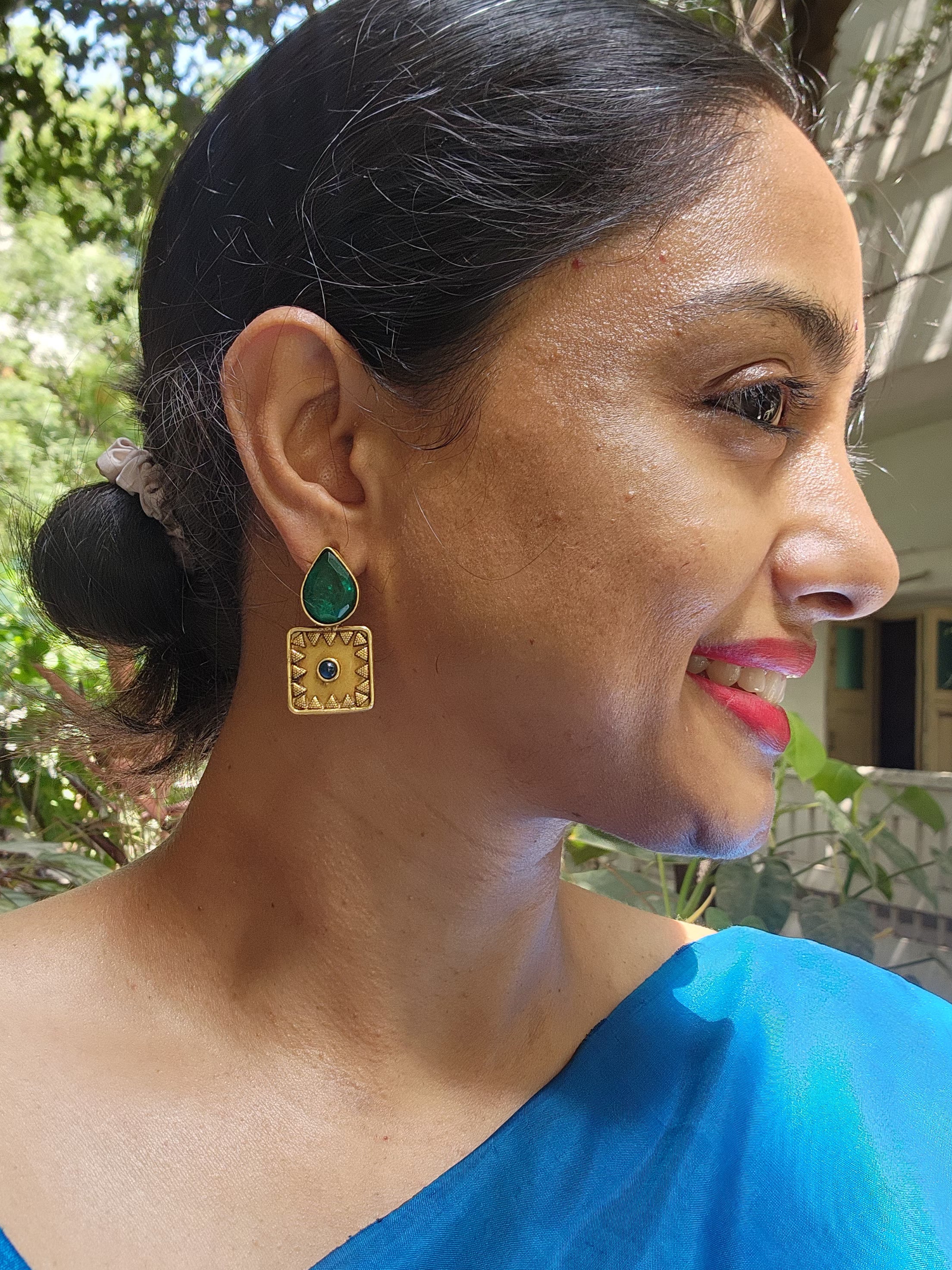 Antique Gold polish emerald studs-Earrings-CI-House of Taamara