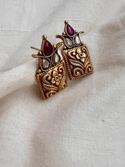 Antique Gold polish kundan and ruby studs-Earrings-CI-House of Taamara