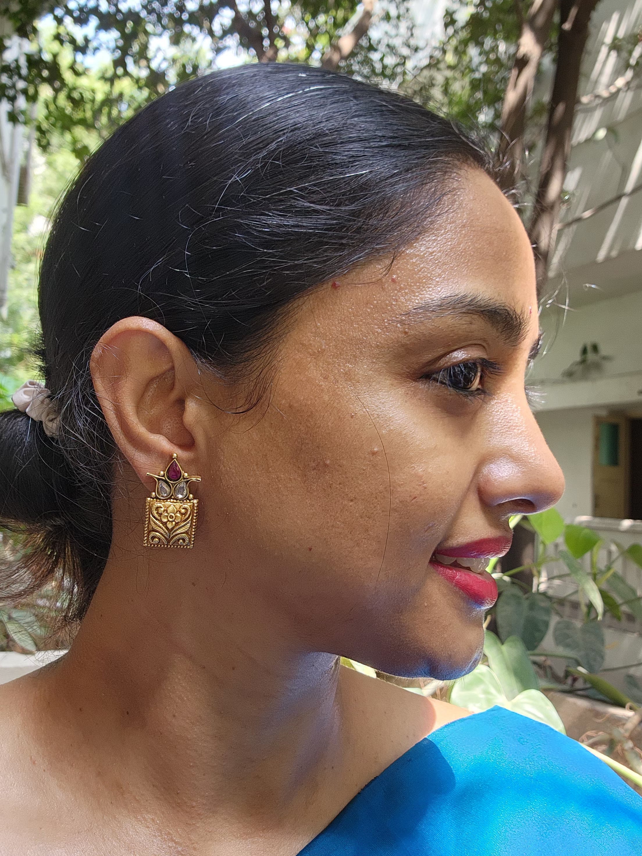 Antique Gold polish kundan and ruby studs-Earrings-CI-House of Taamara