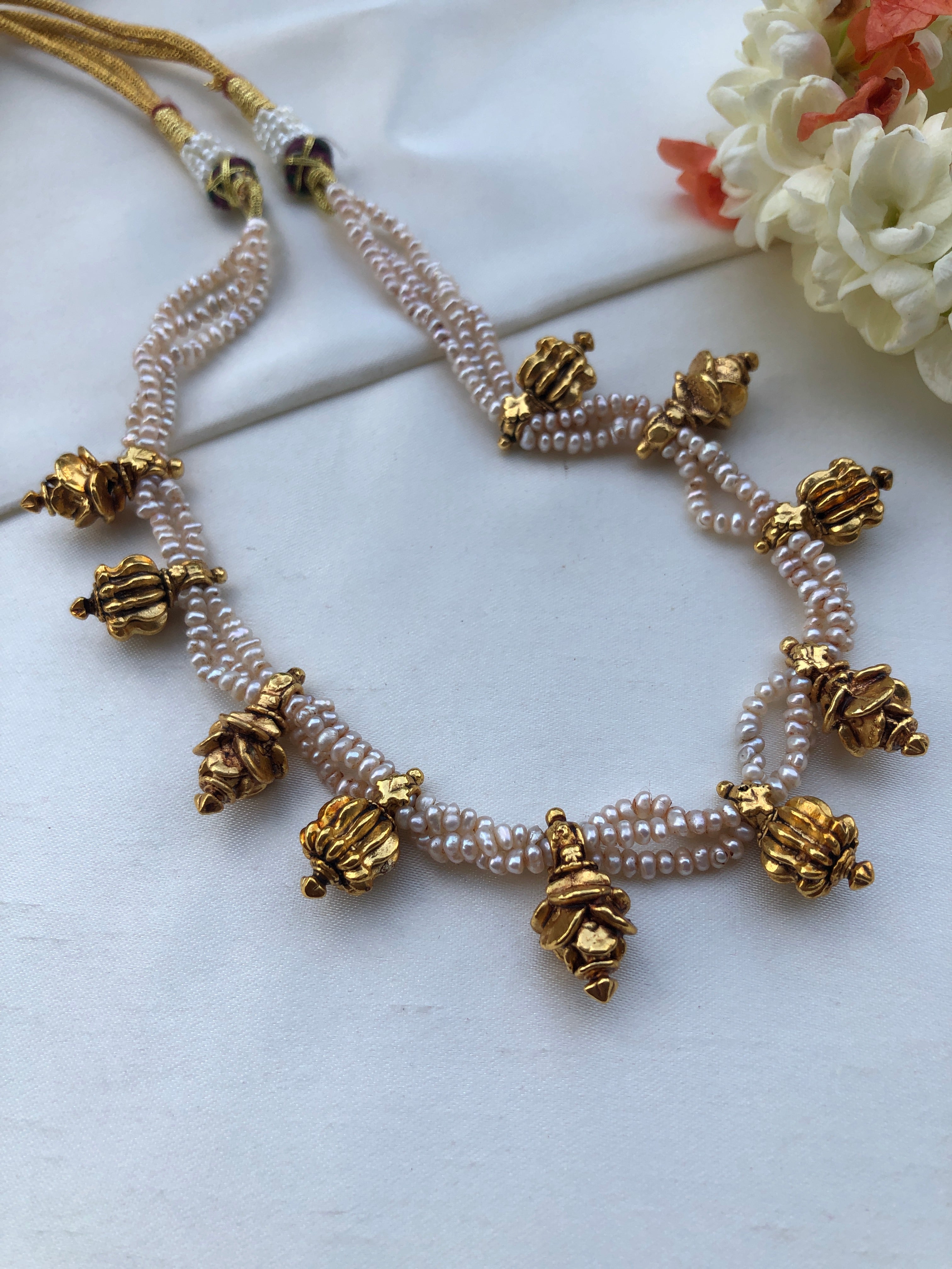 Antique beads with antique pearls mala-Silver Neckpiece-PL-House of Taamara