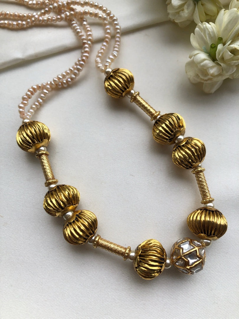 Antique beads with pearls mala-Silver Neckpiece-PL-House of Taamara