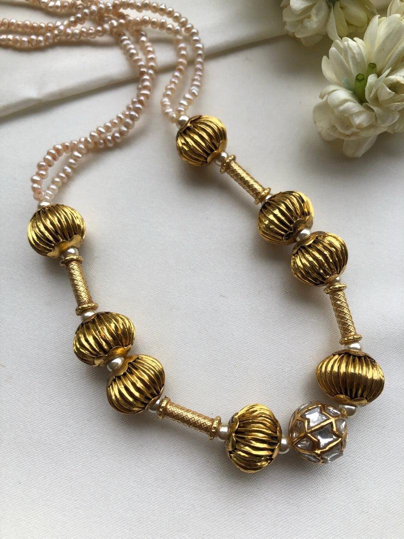 Antique beads with pearls mala-Silver Neckpiece-PL-House of Taamara