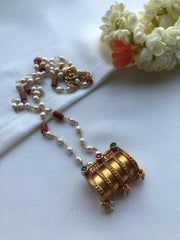 Antique box pendant with pearls and coral mala-Silver Neckpiece-PL-House of Taamara