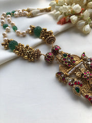 Antique bunch necklace with green and pearl mala-Silver Neckpiece-PL-House of Taamara