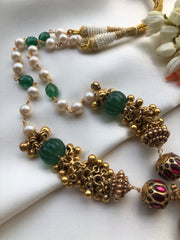 Antique bunch necklace with green and pearl mala-Silver Neckpiece-PL-House of Taamara