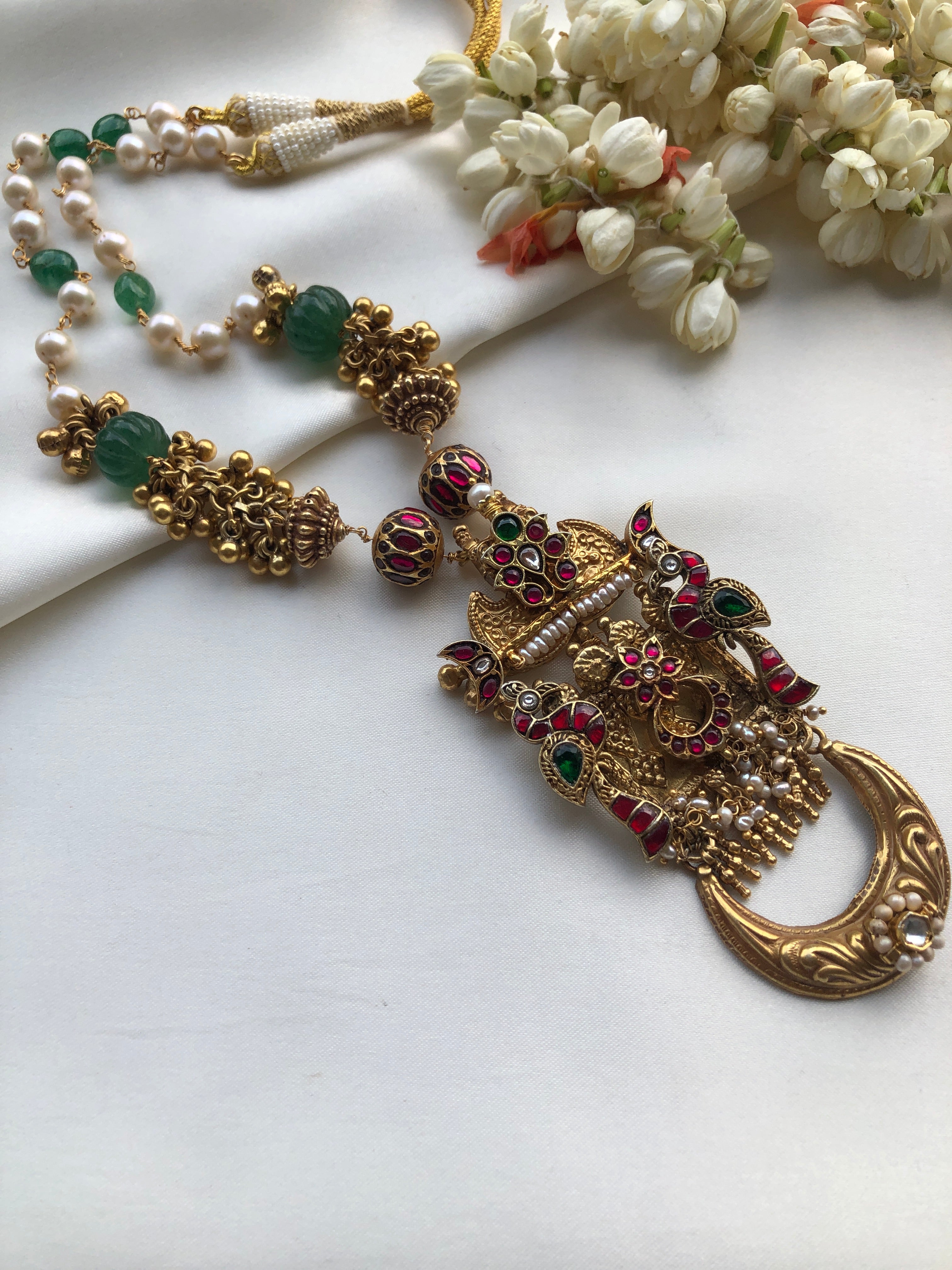 Antique bunch necklace with green and pearl mala-Silver Neckpiece-PL-House of Taamara