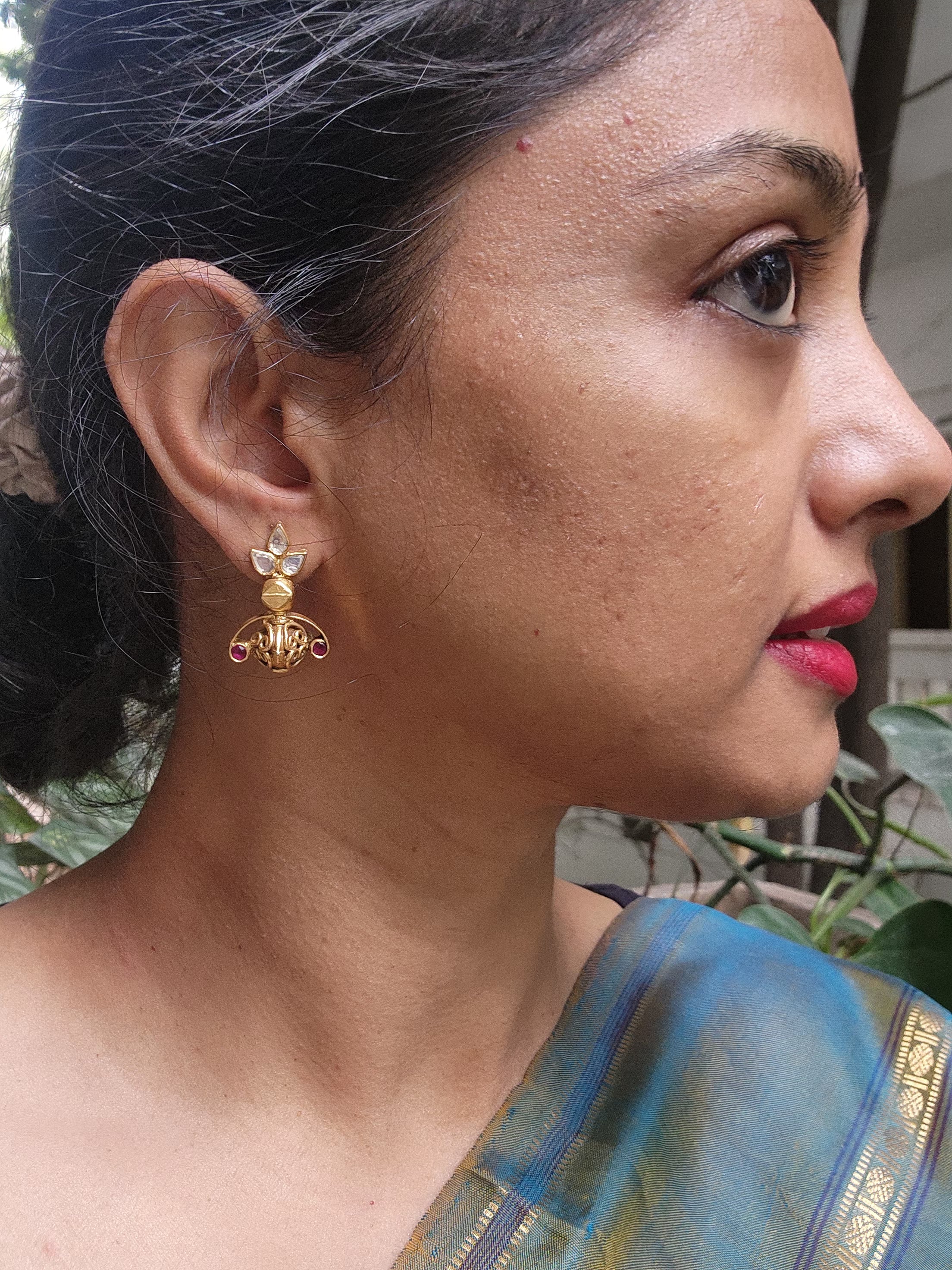 Antique earrings with kundan and ruby-Earrings-PL-House of Taamara