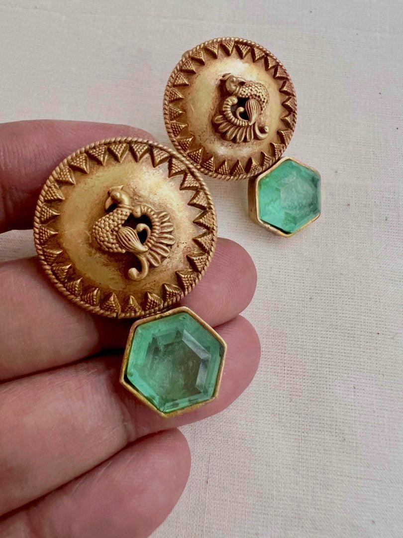 Antique gold polish green chalcedony stone studs-Earrings-CI-House of Taamara