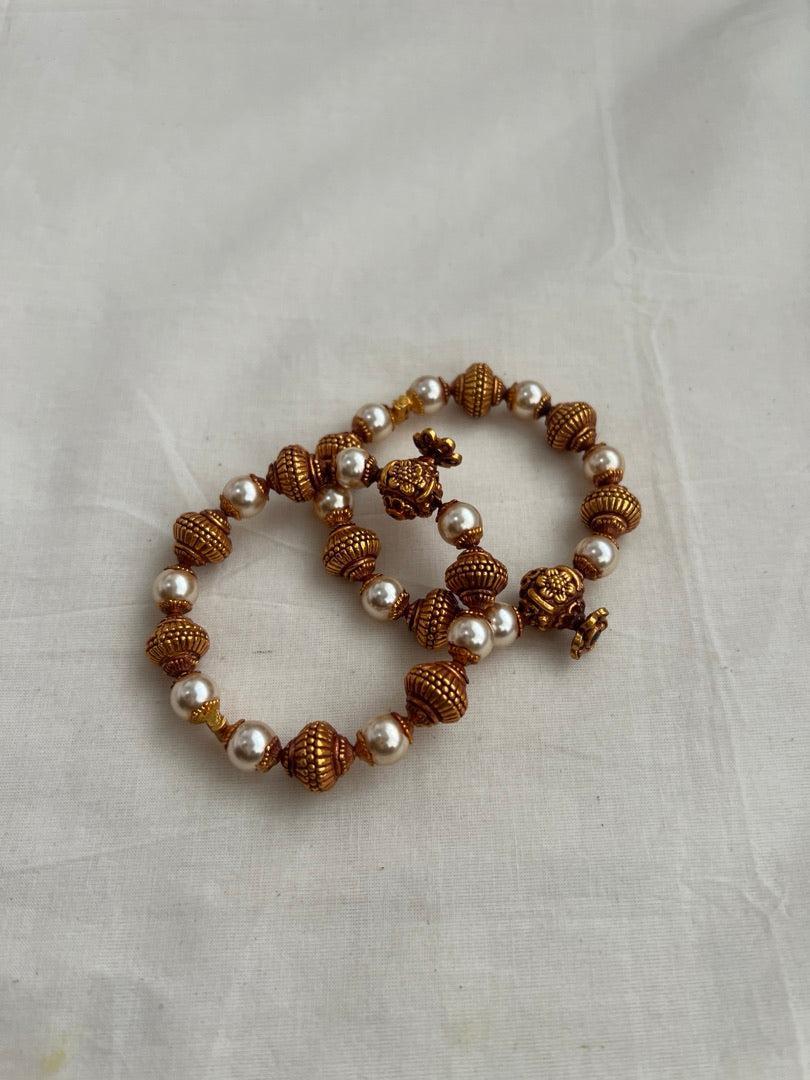 Antique gold polish kada with pearls gold beads, top screw, PAIR