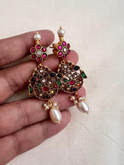Antique gold polish kundan & ruby earrings with pearls-Earrings-CI-House of Taamara