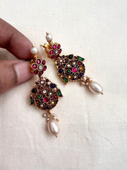 Antique gold polish kundan & ruby earrings with pearls-Earrings-CI-House of Taamara