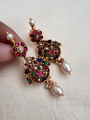 Antique gold polish kundan & ruby earrings with pearls-Earrings-CI-House of Taamara