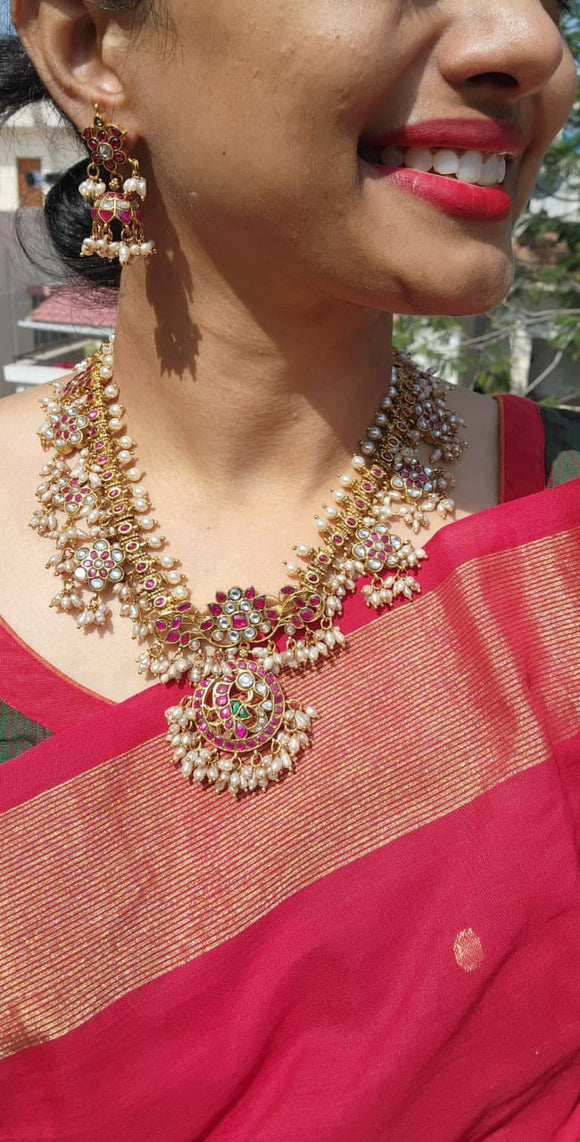 Antique gold polish kundan, ruby & emerald statement gutapusulu necklace with pearls-Silver Neckpiece-CI-House of Taamara