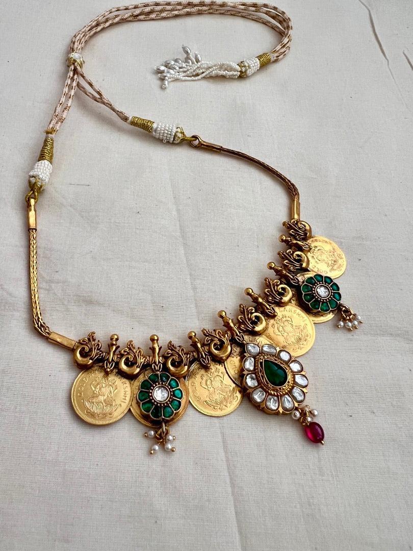 Antique gold polish short kasumala with kundan motifs-Silver Neckpiece-CI-House of Taamara