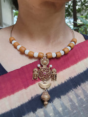 Antique gold polish tali style pendant with corals & pearl beads-Silver Neckpiece-CI-House of Taamara