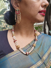 Antique pearls with cylindrical beads with ruby and kundan bead-Silver Neckpiece-PL-House of Taamara