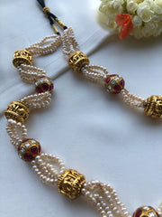Antique pearls with cylindrical beads with ruby and kundan bead-Silver Neckpiece-PL-House of Taamara