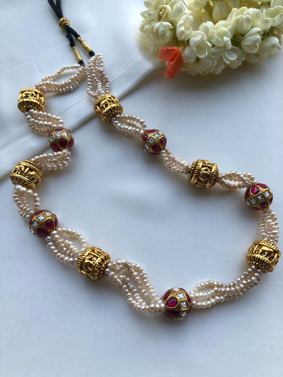 Antique pearls with cylindrical beads with ruby and kundan bead-Silver Neckpiece-PL-House of Taamara