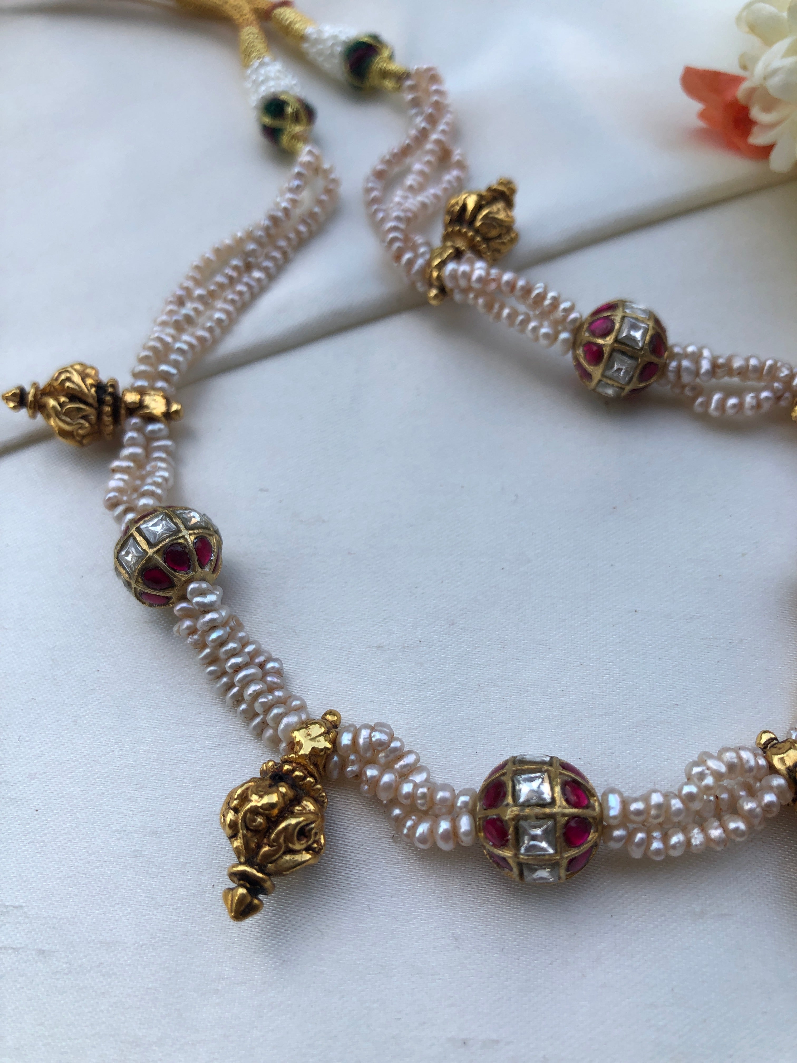 Antique pearls with kundan beads with antique beads mala-Silver Neckpiece-PL-House of Taamara