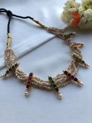 Antique pearls with kundan ruby and green necklace-Silver Neckpiece-PL-House of Taamara