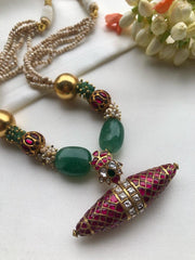 Antique pearls with kundan ruby & green beads with Tai tai pendant-Silver Neckpiece-PL-House of Taamara