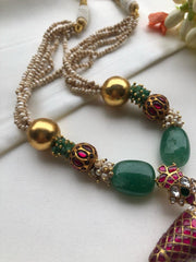 Antique pearls with kundan ruby & green beads with Tai tai pendant-Silver Neckpiece-PL-House of Taamara
