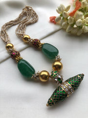 Antique pearls with kundan ruby & green beads with Tai tai pendant-Silver Neckpiece-PL-House of Taamara