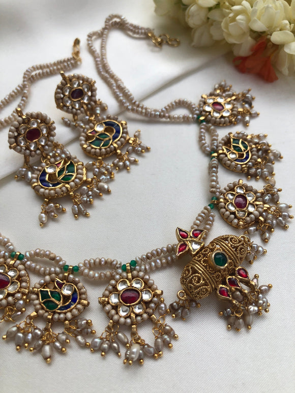 Antique pearls with kundan & ruby green motifs necklace with earrings, SET-Silver Neckpiece-PL-House of Taamara