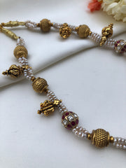 Antique pearls with ruby kundan beads and antique pearls necklace-Silver Neckpiece-PL-House of Taamara