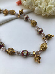 Antique pearls with ruby kundan beads and antique pearls necklace-Silver Neckpiece-PL-House of Taamara